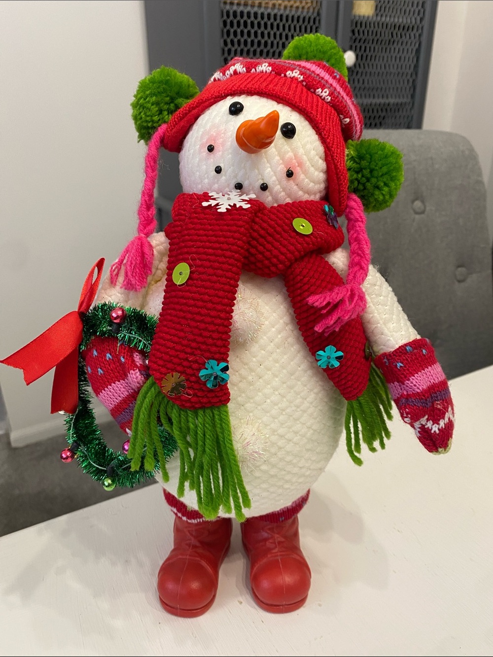Christmas Snowman Figurine, Red Scarf /Hat Holding Green Wreath, Whimsical
